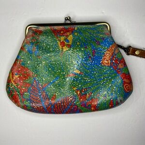 Vintage Patricia Nash Kiss Lock Clutch Wristlet Colorful Tropical Leather